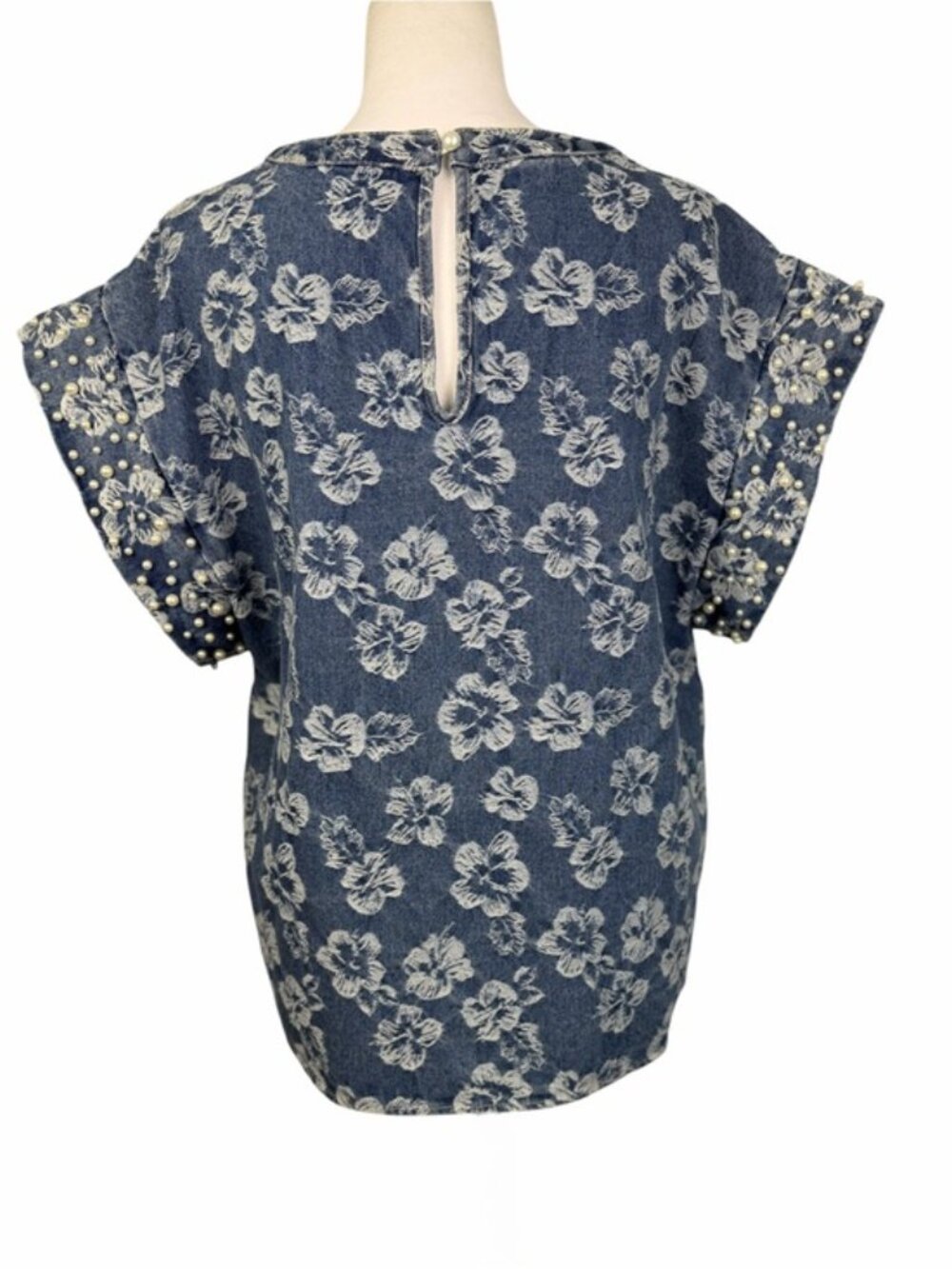 BiBi Floral Denim Chambray Top Pearl Beaded Ruffle Sleeve Boho Western Size S - Picture 6 of 12